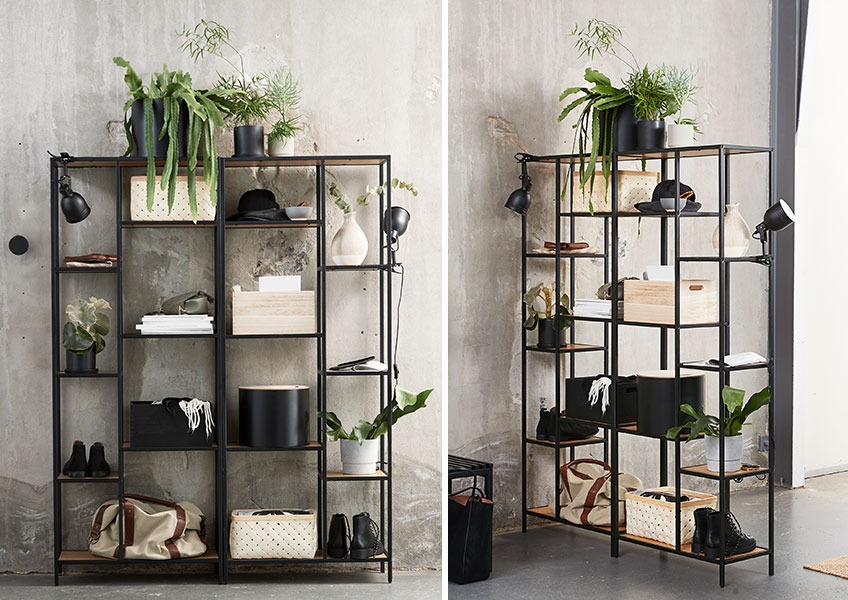 Shelving units with different storage solutions such as baskets and buckets
