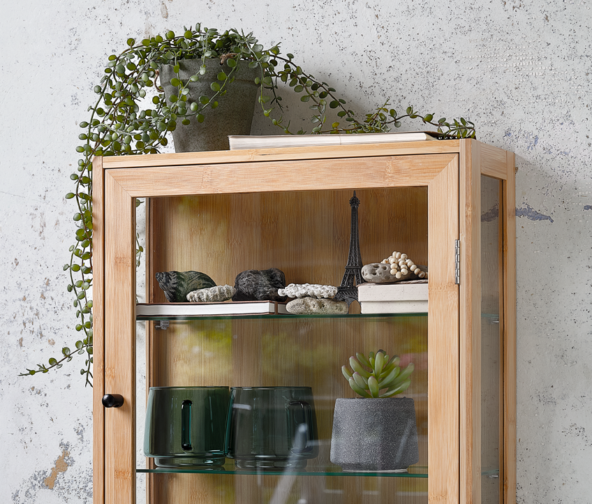 SVENN and LUCAS artificial plants arranged in TREND wall cabinet Wall cabinet with faux plants