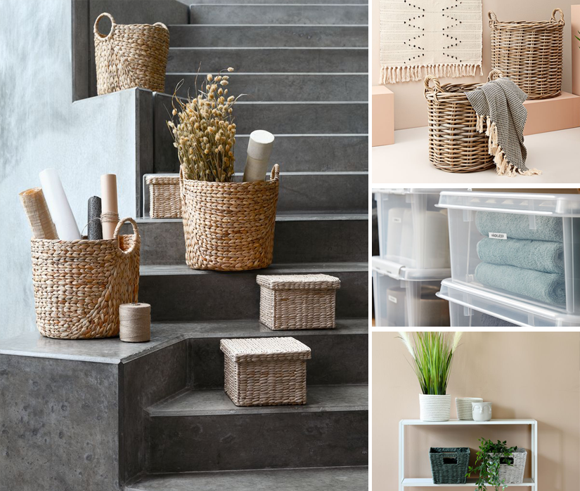 Storage baskets and boxes in wicker, seagrass, plastic and fabric