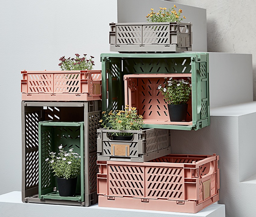 MILAS foldable storage boxes and KALLE artificial flowers Foldable storage boxes decorated with faux flowers