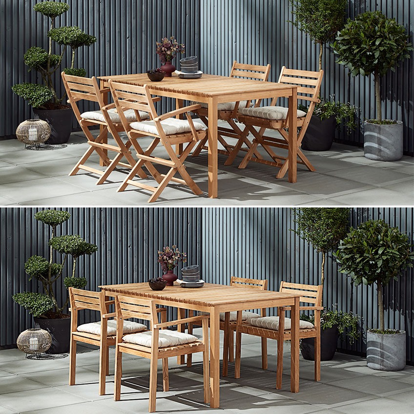 Two different teak garden furniture settings, one with folding chairs and the other with stacking chairs 