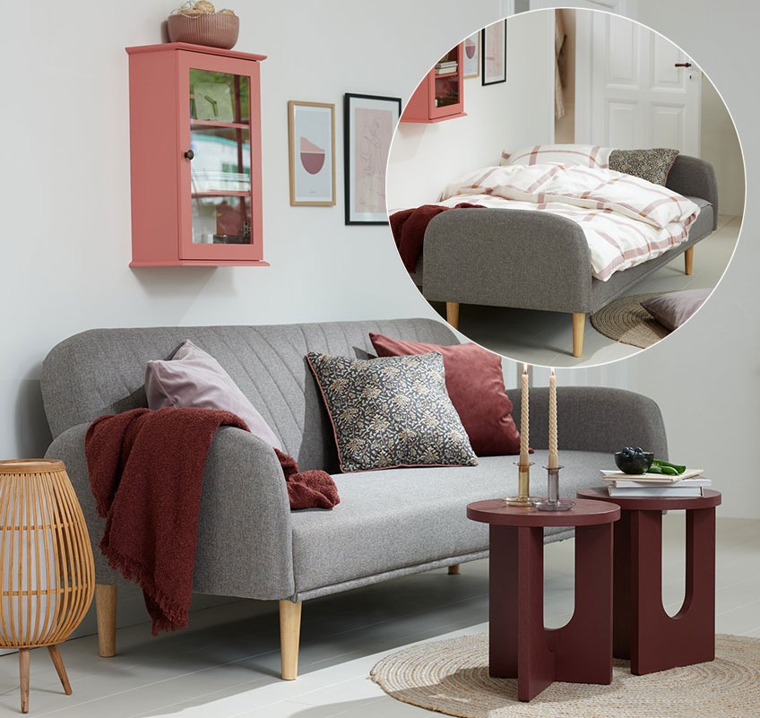 LOOK IN wall cabinet, PARADIS sofabed and ARCH end tables Rose wall cabinet, grey sofabed and burgundy end tables