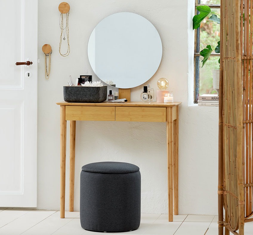 SAKSILD dressing table with mirror and GISLEV pouffe with storage Bamboo dressing table with mirror and pouffe with storage