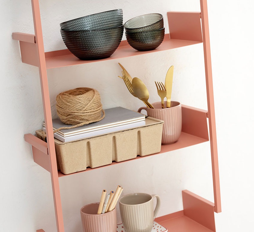 ASSENS wall shelves, JONAS glass bowls, NIELS mugs and BJORK storage box Peach coloured wall shelves with glass bowls, mugs and storage box