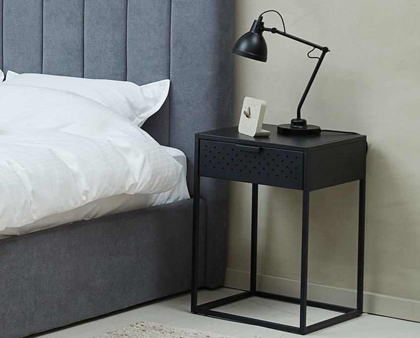 Bedside table in black metal, with one drawer 	