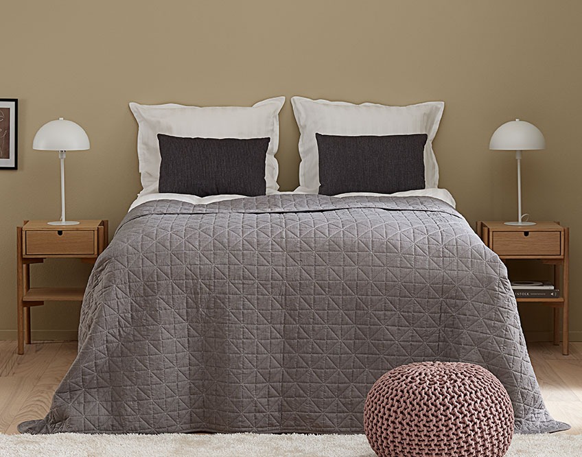 Bed with ENGBLOMME bed throw and DALBY bedside tables Bedroom with bed and two nightstands