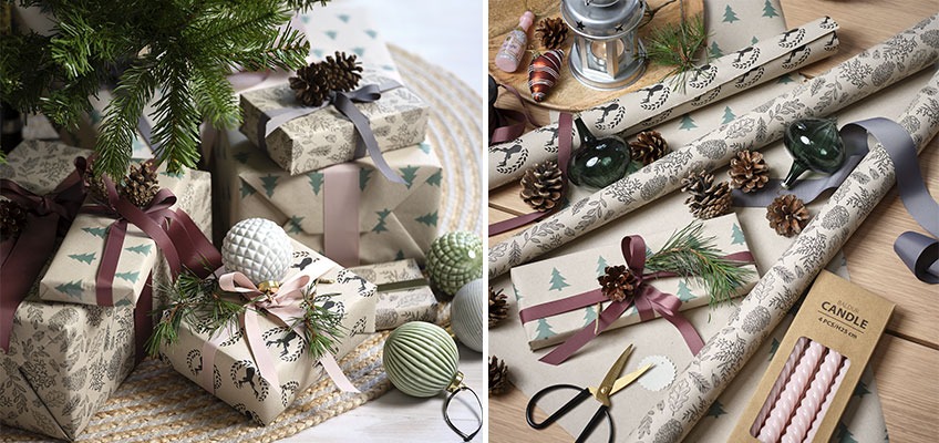 Christmas presents under tree in beige and rose colours 