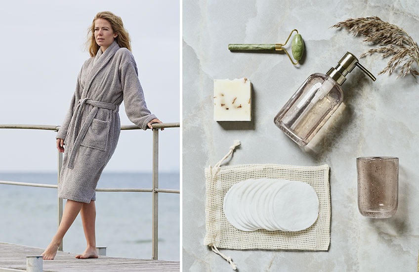 BULLMARK bathrobe, VAD makeup pads, VALLSTA faceroller and ESSVIK soapdispenser and toothbrush holder Woman in grey bathrobe and bathroom accessories
