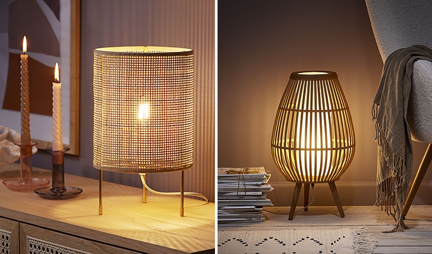Table lamp in rattan and floor lamp in bamboo