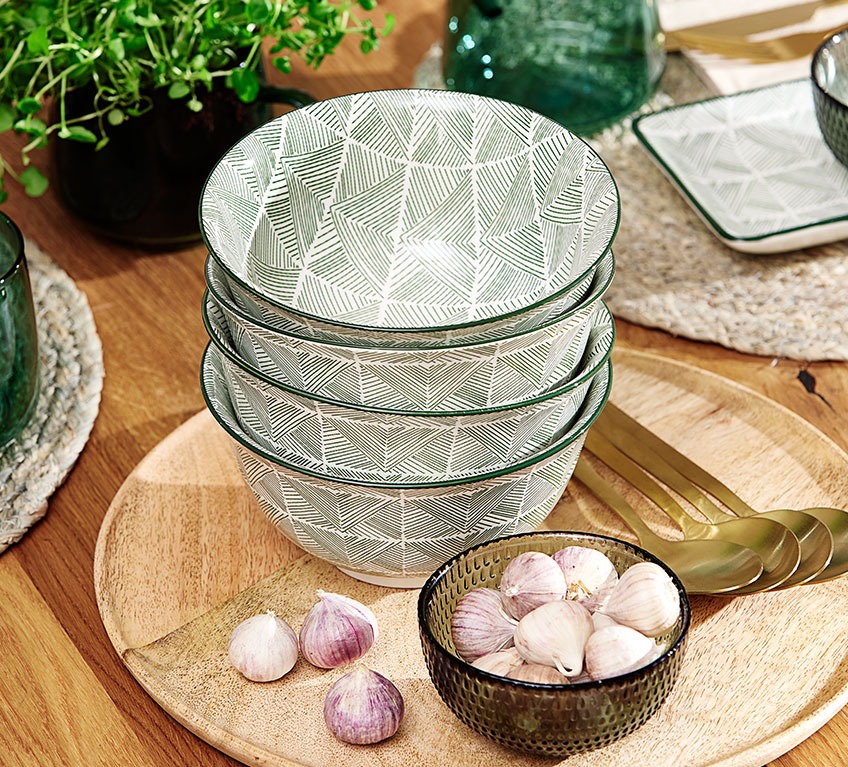 Wooden decorative tray with stoneware bowls