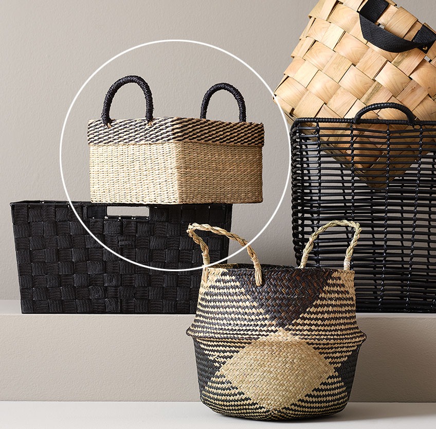 Square seagrass basket, round basket and black baskets