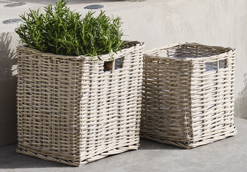 FJELLERKE garden planters in willow with plastic lining Two square garden planters