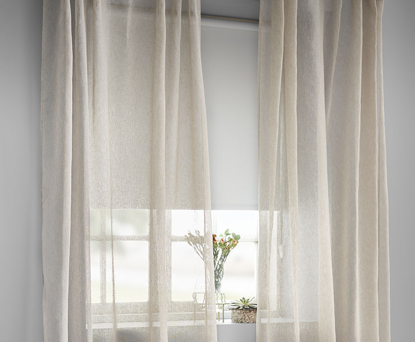 BOLGA white blackout blinds White blackout roller blinds and sheer beige curtains