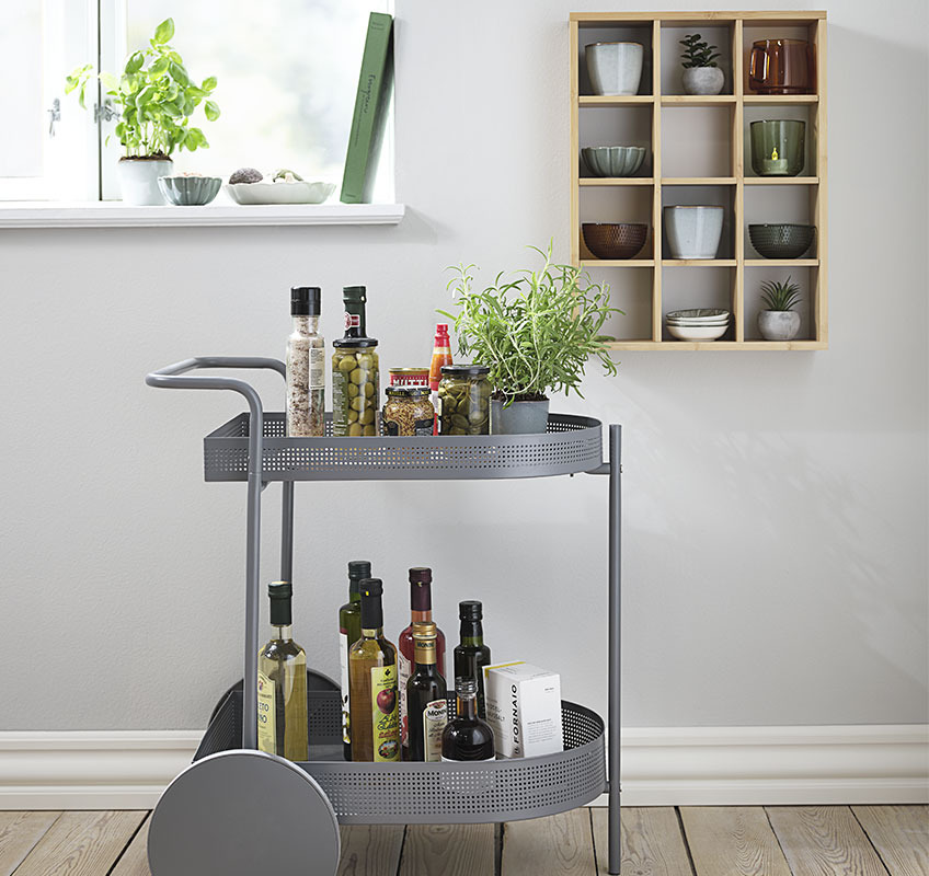 JUKKERUP trolley and TOLNE wall shelf in bamboo Grey trolley styled with kitchens items and wall shelf displaying mugs and bowls