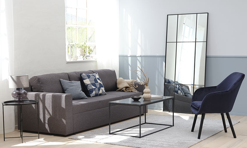 STUDSTRUP mirror is 180 cm high and 80 cm wide Living room with large mirror leaned against the wall