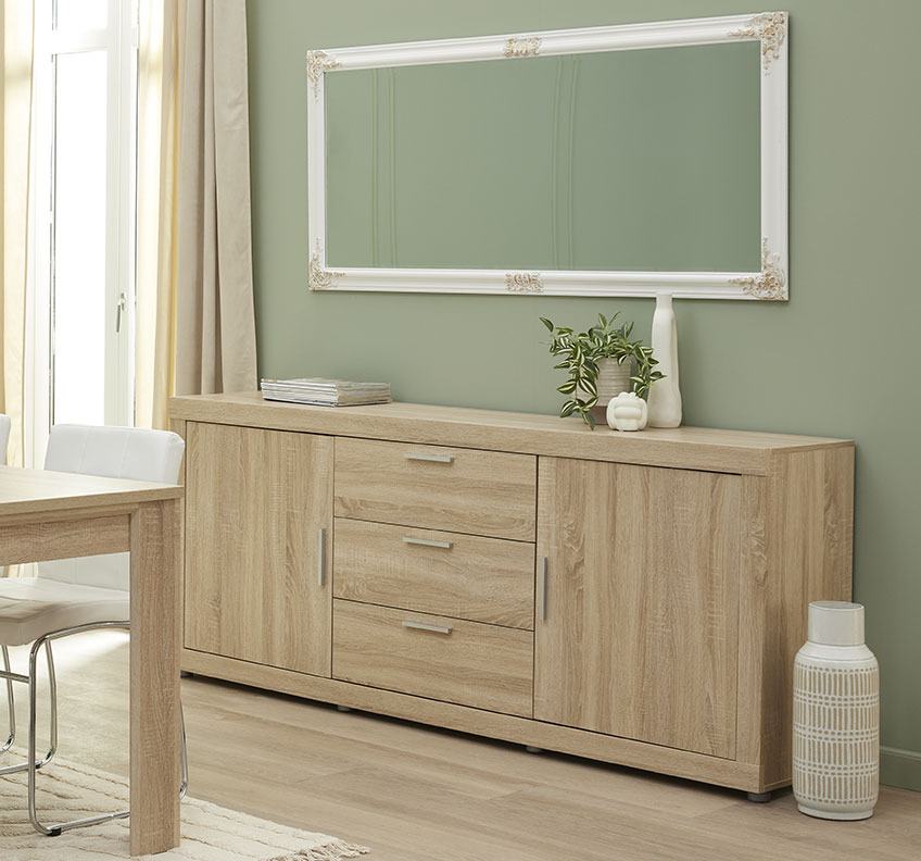 NORDBORG mirror with white frame above RINDSHOLM sideboard Dining room with a rectangular mirror above a sideboard
