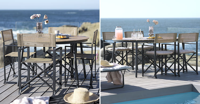 TAGEHOLM includes one extension leaf Round extendable garden table on a patio by the ocean