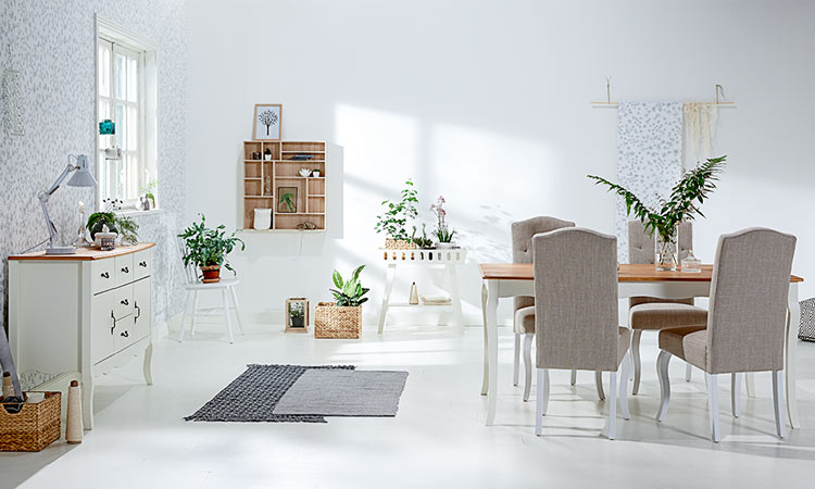 White dining table and fabric dining chairs with JYSK