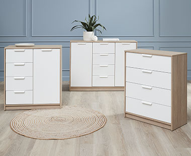 Deco veneer white and oak sideboard and chest drawers