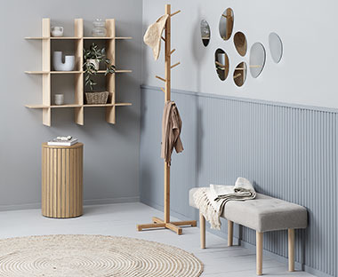Mirror glass set, Oak wood  colour pedestal, Bamboo wood coat stand, Fabric and wood grey bench, bamboo wood wall shelf